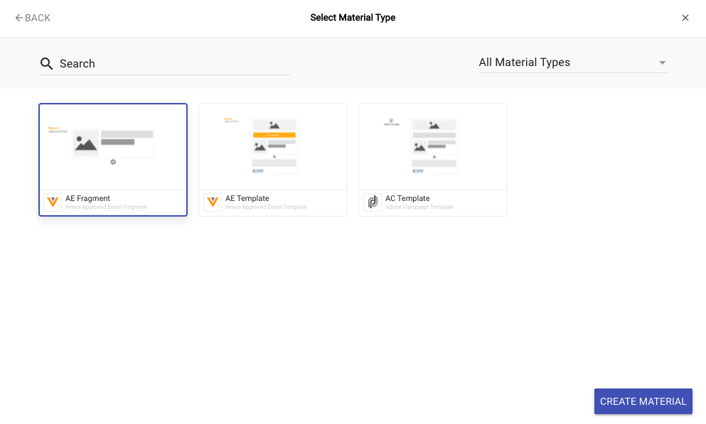 Creation & Copy Dialogues - Material Type Selection